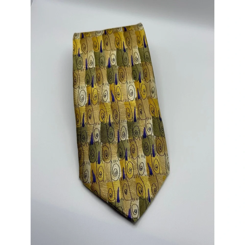 J. Garcia Silk Tie Extra Long Like a Twittering Machine Abstract Gold Art 90s